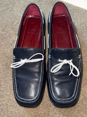 Cole Haan Women’s Navy Leather Boat Loafers with White Laces